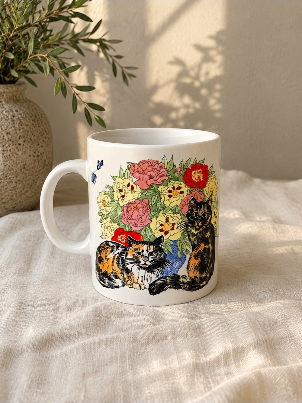 Vintage Cat Floral Ceramic Coffee Mug Calico & Black Cat Cottagecore